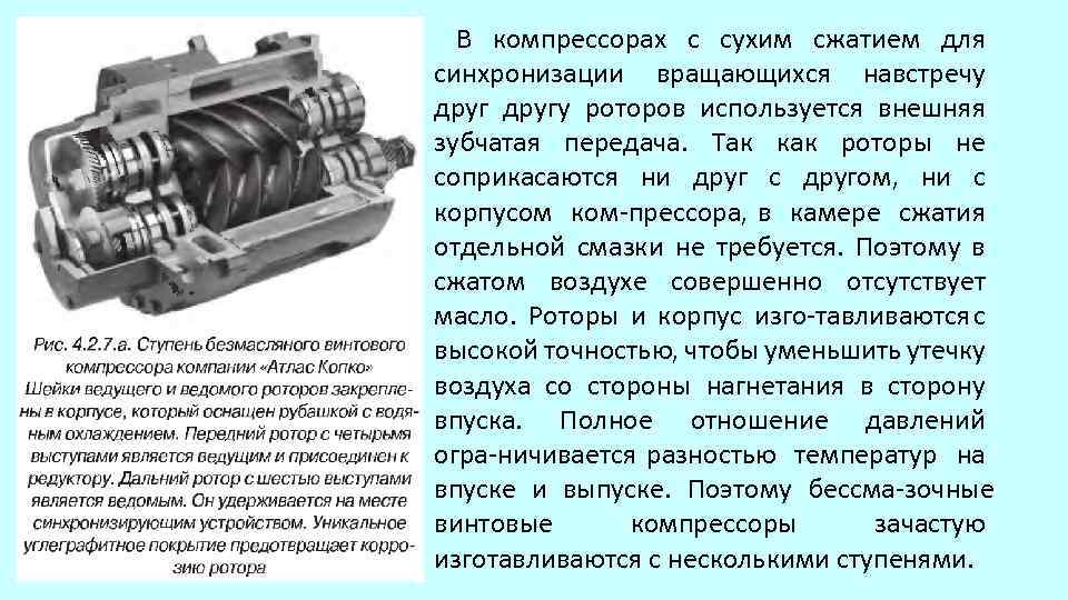 В компрессорах с сухим сжатием для синхронизации вращающихся навстречу другу роторов используется внешняя зубчатая