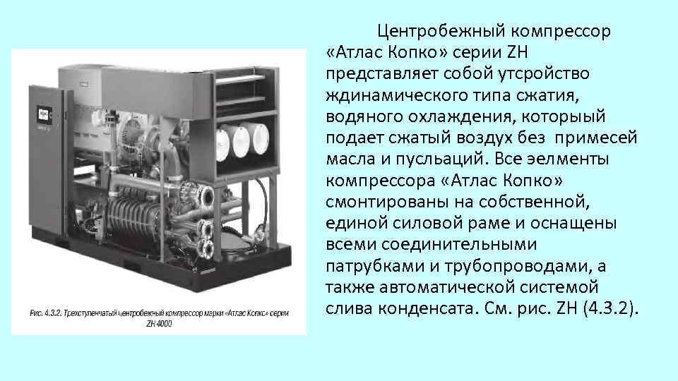 Центробежный компрессор «Атлас Копко» серии ZH представляет собой утсройство ждинамического типа сжатия, водяного охлаждения,