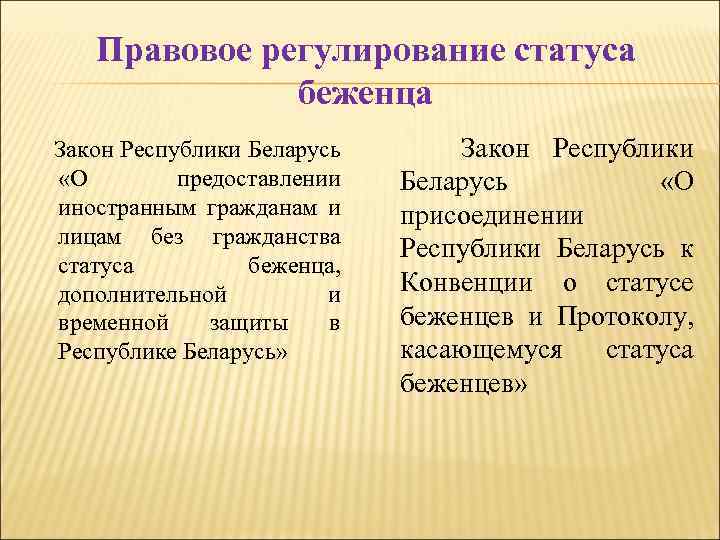 Правовое регулирование статуса беженца Закон Республики Беларусь «О предоставлении иностранным гражданам и лицам без