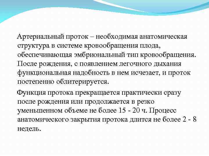  Артериальный проток – необходимая анатомическая структура в системе кровообращения плода, обеспечивающая эмбриональный тип