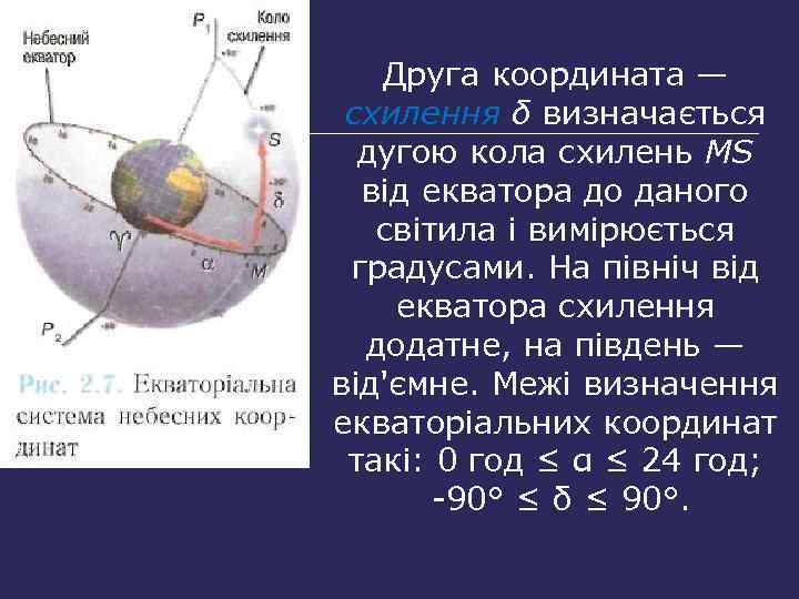 Друга координата — схилення δ визначається дугою кола схилень MS від екватора до даного