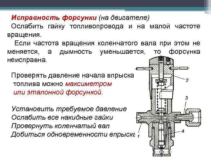 Исправность форсунки (на двигателе) Ослабить гайку топливопровода и на малой частоте вращения. Если частота