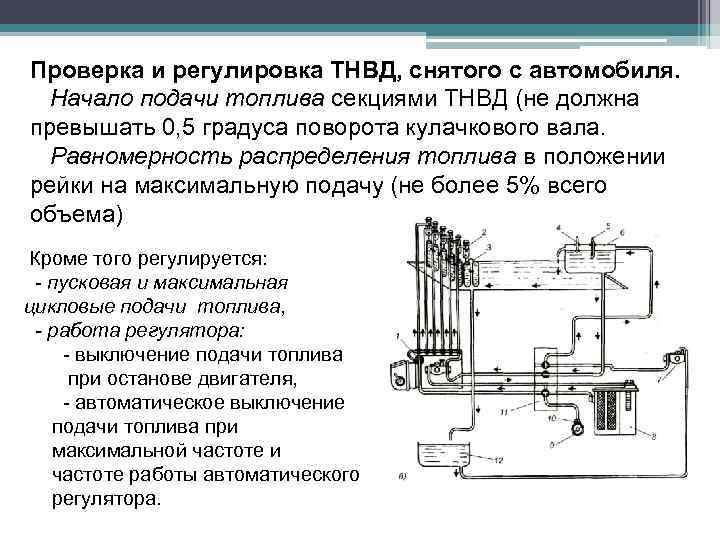 Проверка и регулировка ТНВД, снятого с автомобиля. Начало подачи топлива секциями ТНВД (не должна