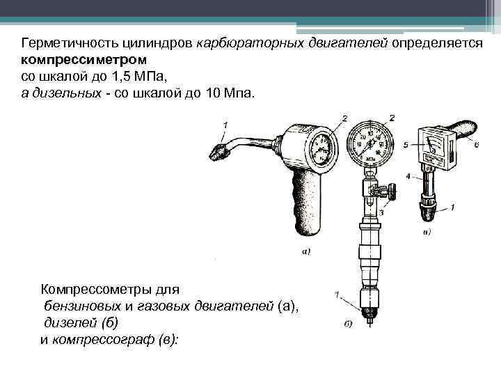 Герметичность цилиндров карбюраторных двигателей определяется компрессиметром со шкалой до 1, 5 МПа, а дизельных