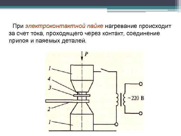 При электроконтактной пайке нагревание происходит за счет тока, проходящего через контакт, соединение припоя и