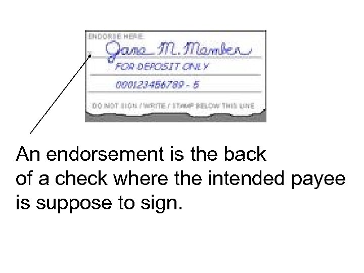 An endorsement is the back of a check where the intended payee is suppose