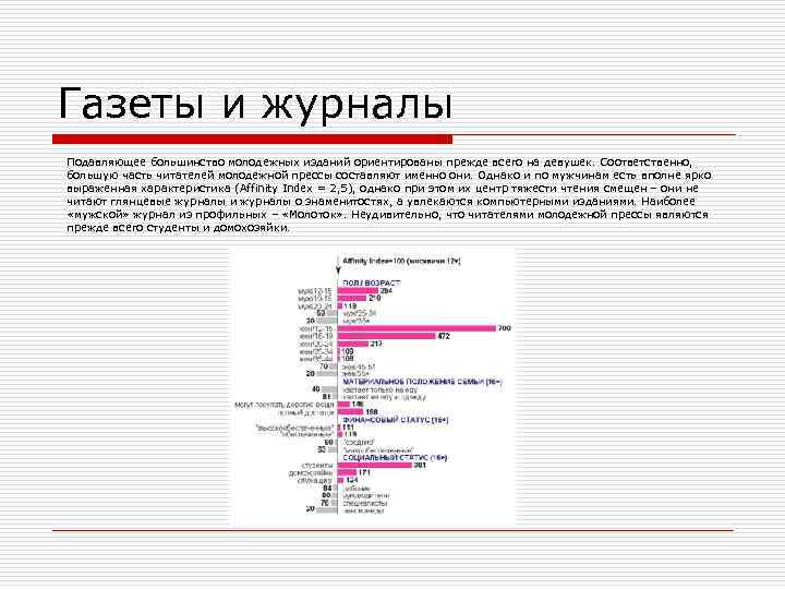 Газеты и журналы Подавляющее большинство молодежных изданий ориентированы прежде всего на девушек. Соответственно, большую