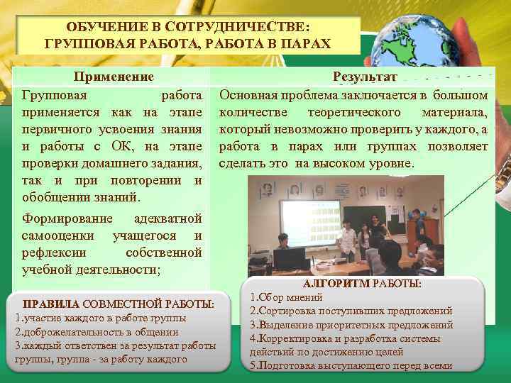 ОБУЧЕНИЕ В СОТРУДНИЧЕСТВЕ: ГРУППОВАЯ РАБОТА, РАБОТА В ПАРАХ Применение Групповая работа применяется как на