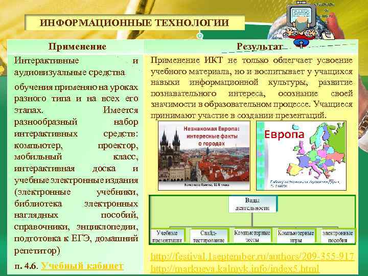 ИНФОРМАЦИОННЫЕ ТЕХНОЛОГИИ Применение Интерактивные и аудиовизуальные средства обучения применяю на уроках разного типа и