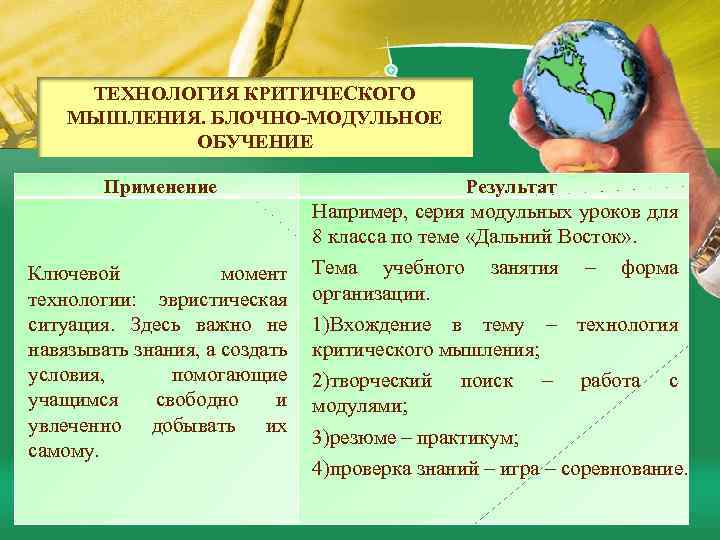 ТЕХНОЛОГИЯ КРИТИЧЕСКОГО МЫШЛЕНИЯ. БЛОЧНО-МОДУЛЬНОЕ ОБУЧЕНИЕ Применение Ключевой момент технологии: эвристическая ситуация. Здесь важно не