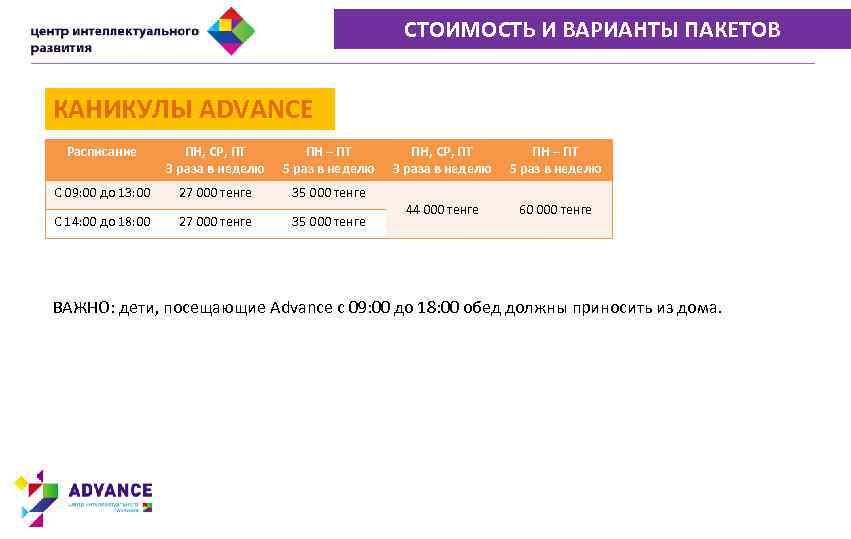 СТОИМОСТЬ И ВАРИАНТЫ ПАКЕТОВ КАНИКУЛЫ ADVANCE Расписание ПН, СР, ПТ 3 раза в неделю