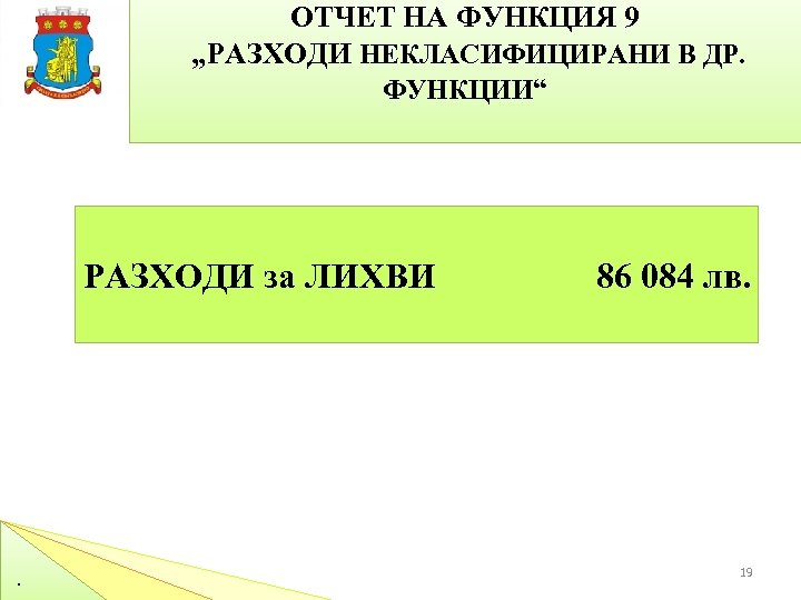 ОТЧЕТ НА ФУНКЦИЯ 9 „РАЗХОДИ НЕКЛАСИФИЦИРАНИ В ДР. ФУНКЦИИ“ РАЗХОДИ за ЛИХВИ . ……