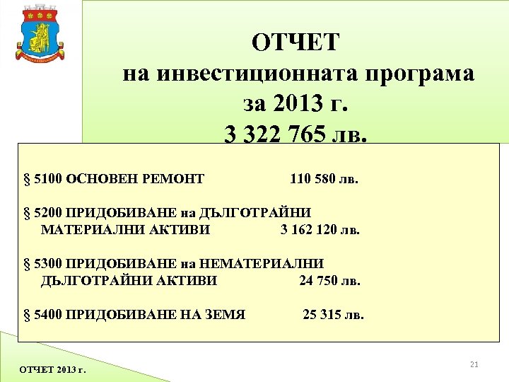 ОТЧЕТ на инвестиционната програма за 2013 г. 3 322 765 лв. § 5100 ОСНОВЕН