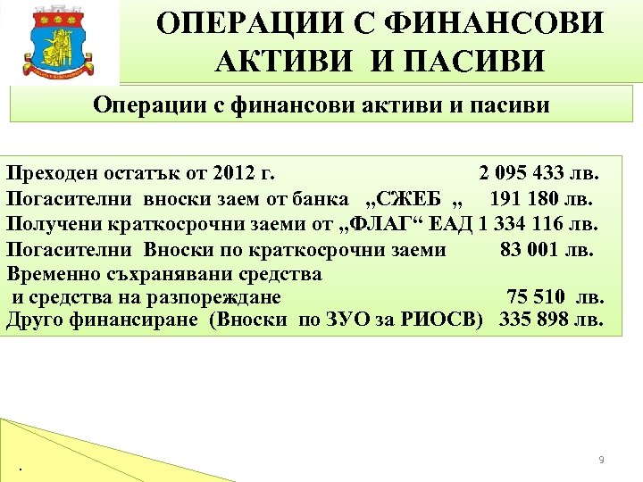 ОПЕРАЦИИ С ФИНАНСОВИ АКТИВИ И ПАСИВИ Операции с финансови активи и пасиви Преходен остатък