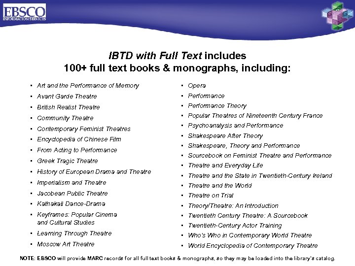 IBTD with Full Text includes 100+ full text books & monographs, including: • Art
