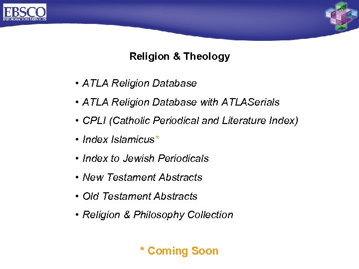 Religion & Theology • ATLA Religion Database with ATLASerials • CPLI (Catholic Periodical and