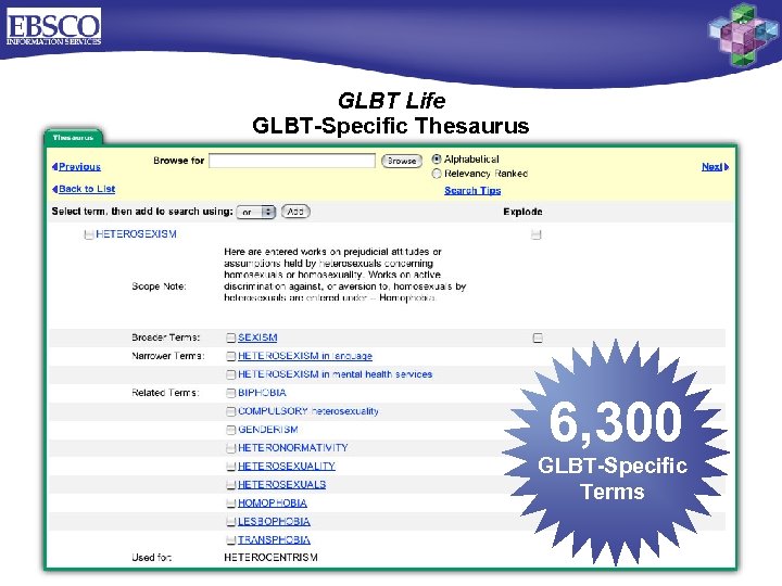 GLBT Life GLBT-Specific Thesaurus 6, 300 GLBT-Specific Terms 