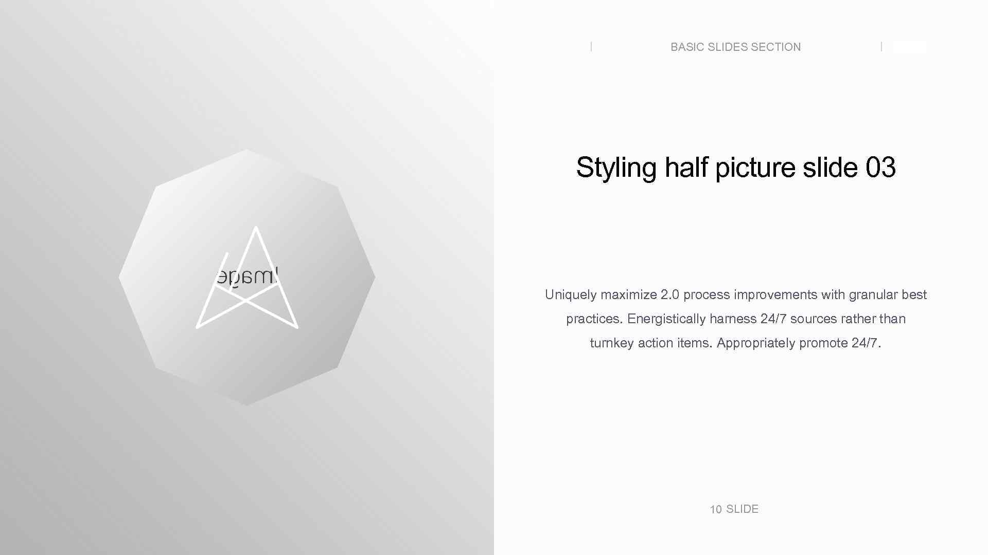 BASIC SLIDES SECTION SLIDE Styling half picture slide 03 Uniquely maximize 2. 0 process