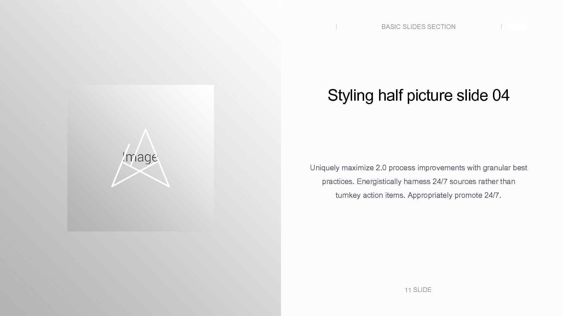 BASIC SLIDES SECTION SLIDE Styling half picture slide 04 Uniquely maximize 2. 0 process