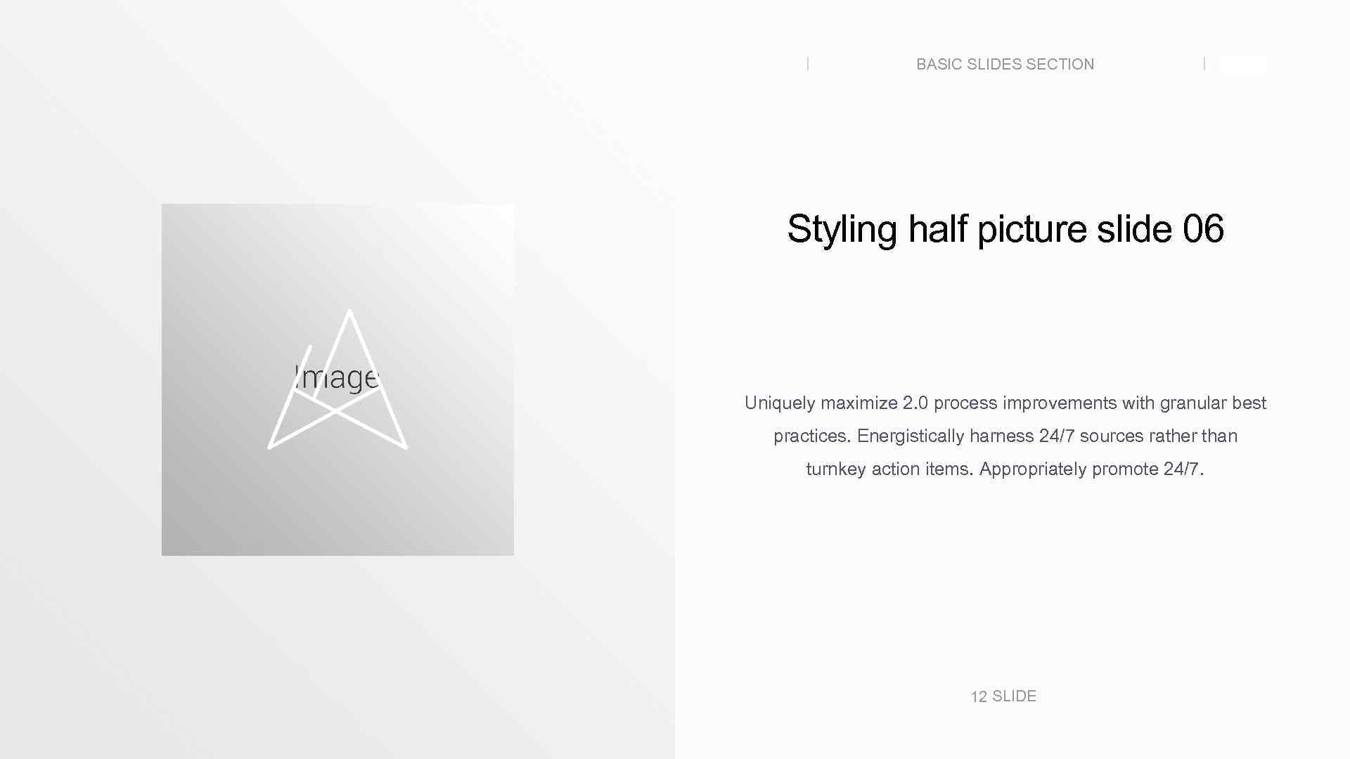 BASIC SLIDES SECTION SLIDE Styling half picture slide 06 Uniquely maximize 2. 0 process
