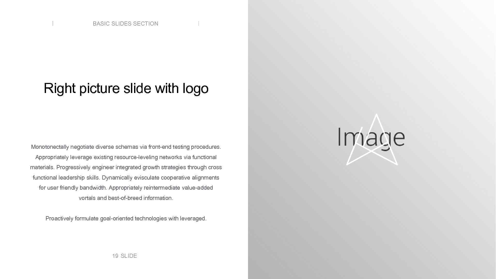 BASIC SLIDES SECTION Right picture slide with logo Monotonectally negotiate diverse schemas via front-end