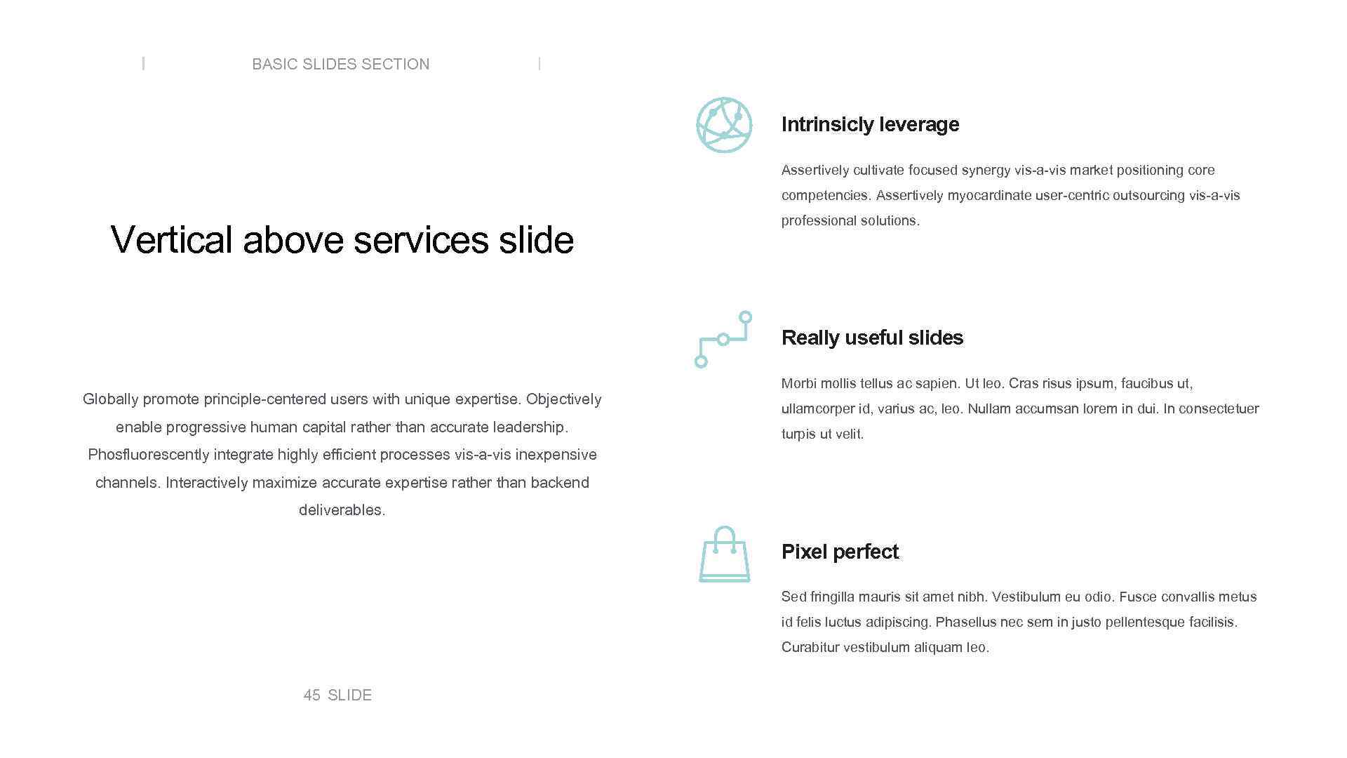 BASIC SLIDES SECTION Intrinsicly leverage Assertively cultivate focused synergy vis-a-vis market positioning core competencies.