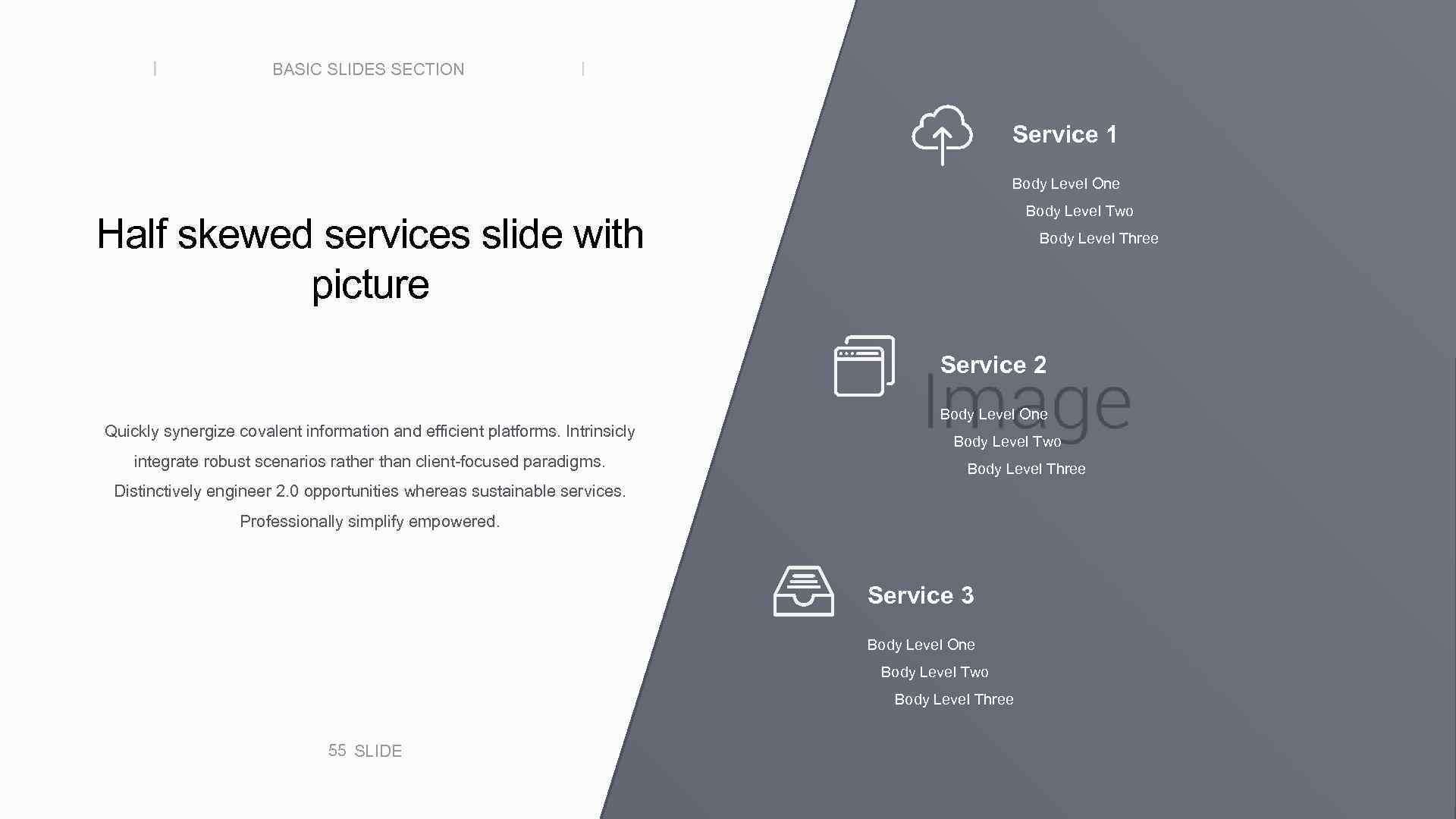 BASIC SLIDES SECTION Service 1 Body Level One Body Level Two Half skewed services