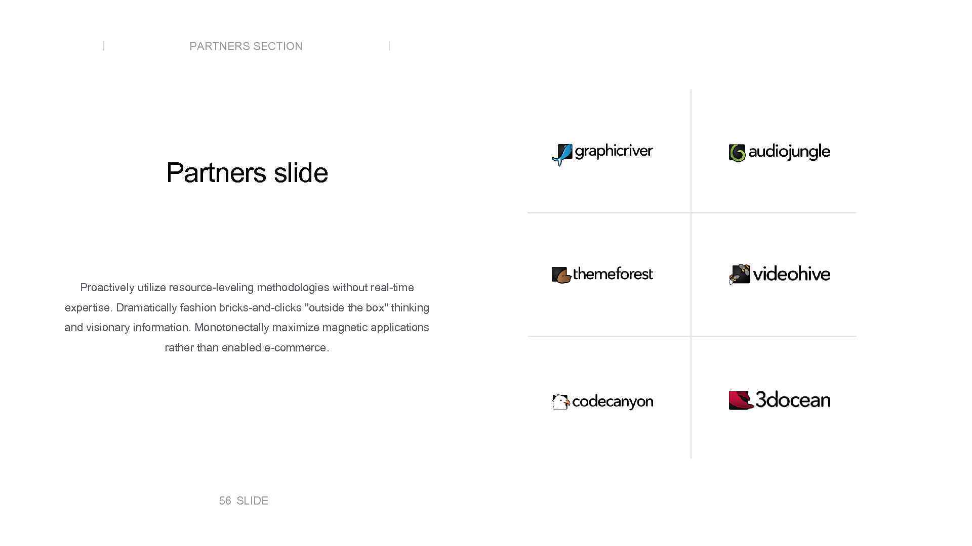 PARTNERS SECTION Partners slide Proactively utilize resource-leveling methodologies without real-time expertise. Dramatically fashion bricks-and-clicks