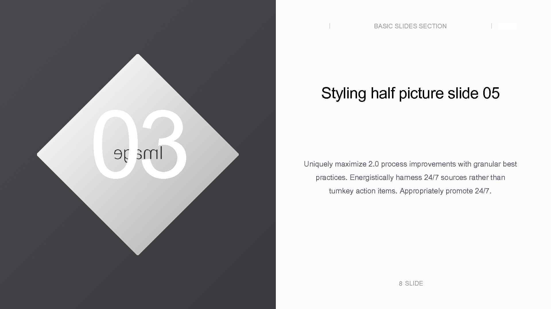 BASIC SLIDES SECTION 03 SLIDE Styling half picture slide 05 Uniquely maximize 2. 0