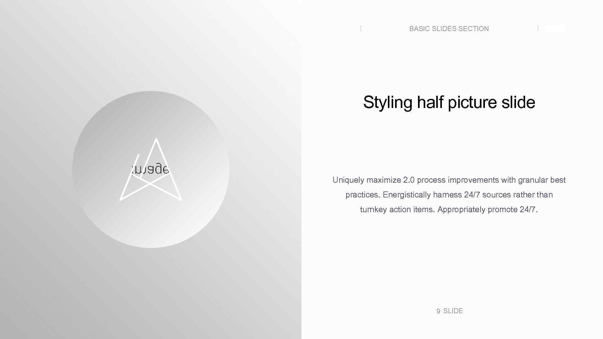 BASIC SLIDES SECTION SLIDE Styling half picture slide Uniquely maximize 2. 0 process improvements
