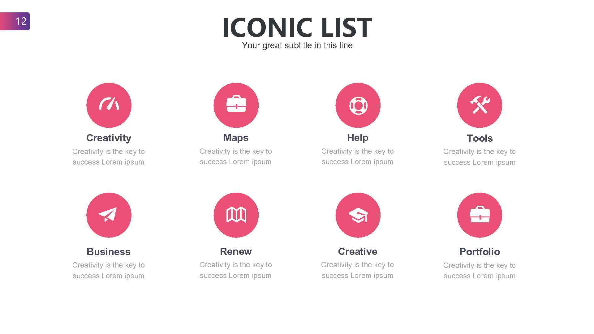 ICONIC LIST 12 Your great subtitle in this line Creativity Maps Help Tools Creativity