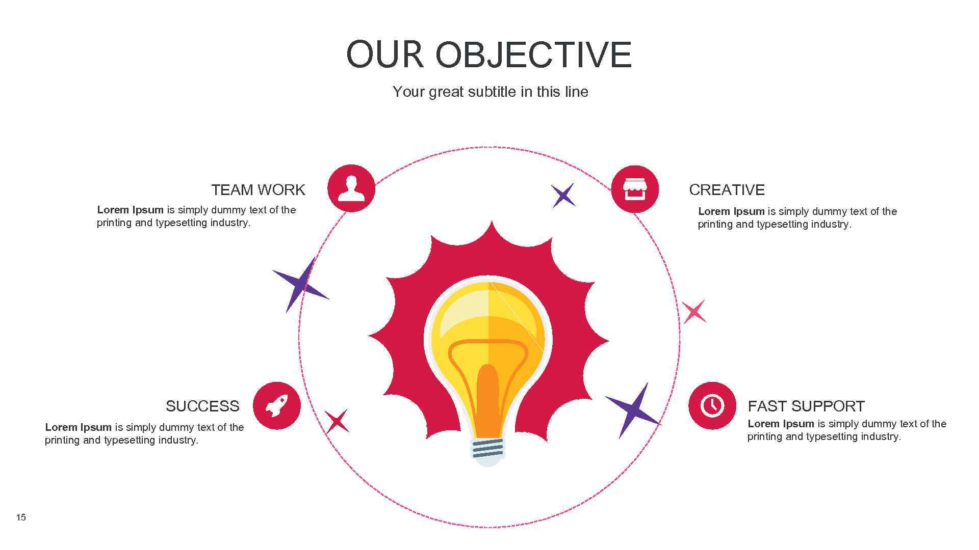 OUR OBJECTIVE Your great subtitle in this line TEAM WORK Lorem Ipsum is simply