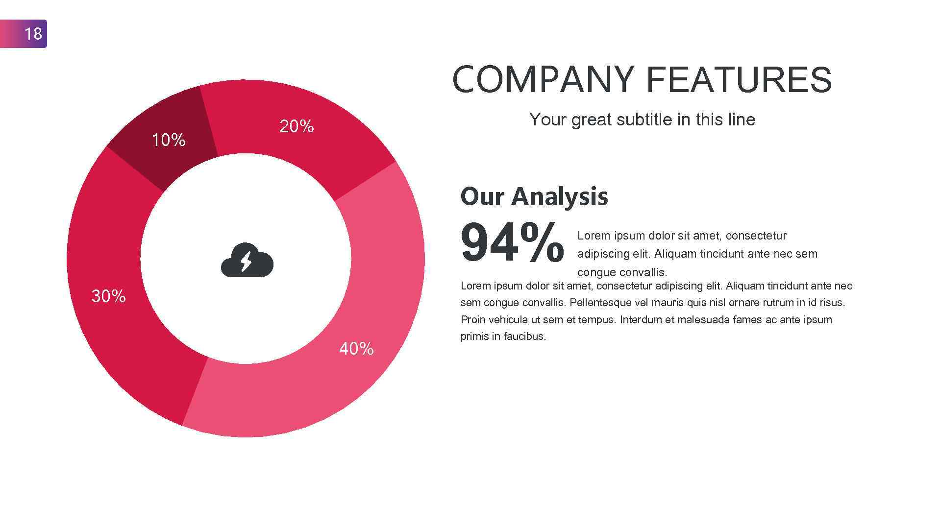 18 COMPANY FEATURES 10% Your great subtitle in this line 20% Our Analysis 94%