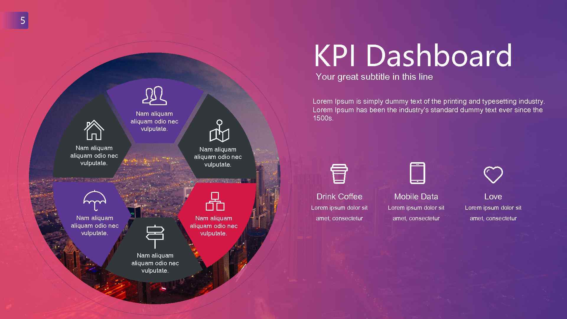 5 KPI Dashboard Your great subtitle in this line Lorem Ipsum is simply dummy