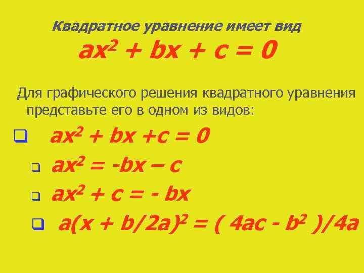 Квадратное уравнение имеет вид ax 2 + bx + c = 0 Для графического