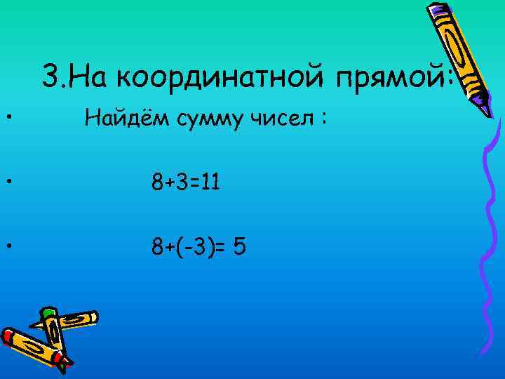 3. На координатной прямой: • Найдём сумму чисел : • 8+3=11 • 8+(-3)= 5