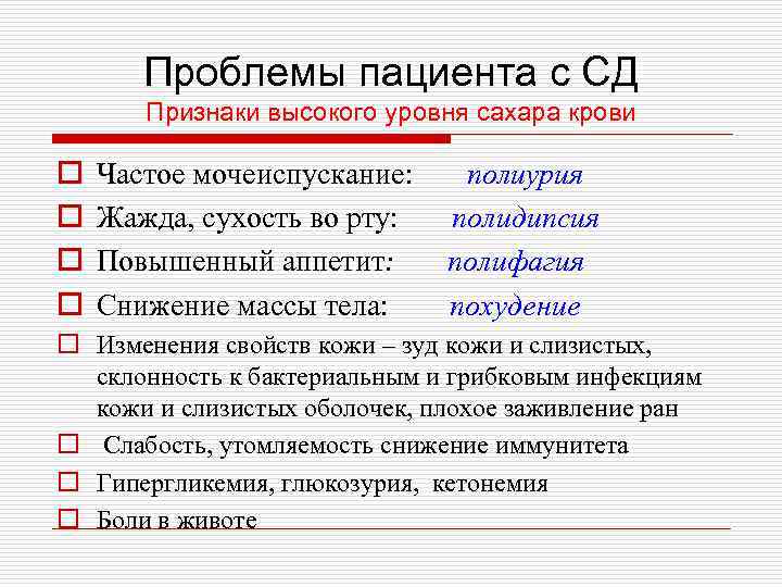 Проблемы пациента с СД Признаки высокого уровня сахара крови o o Частое мочеиспускание: Жажда,