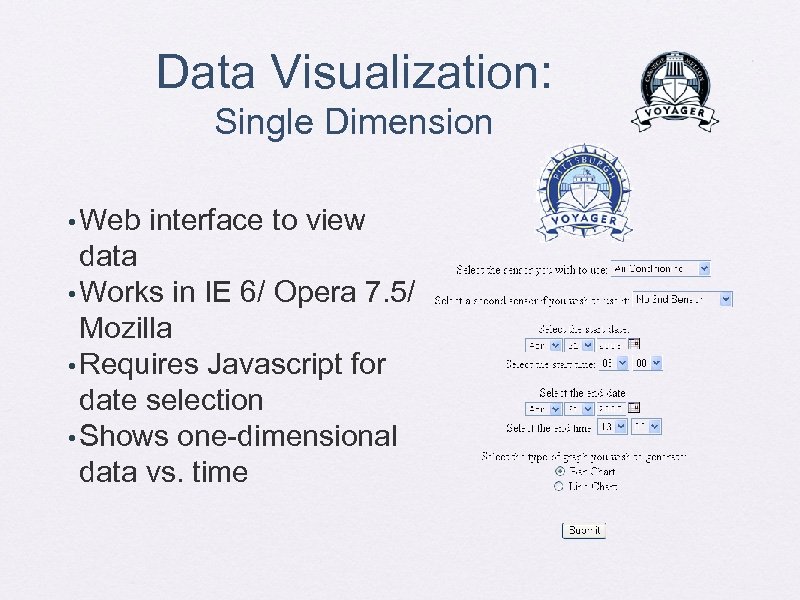 Data Visualization: Single Dimension • Web interface to view data • Works in IE