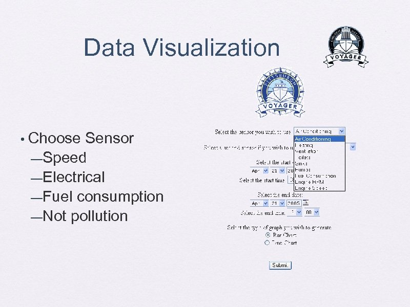 Data Visualization • Choose Sensor —Speed —Electrical —Fuel consumption —Not pollution 