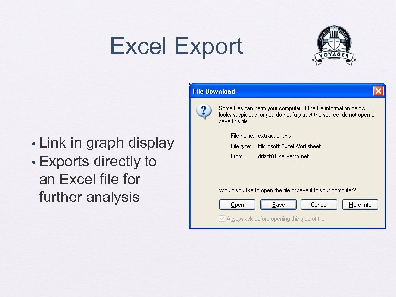 Excel Export Link in graph display • Exports directly to an Excel file for