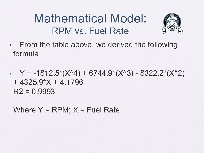 Mathematical Model: RPM vs. Fuel Rate • From the table above, we derived the