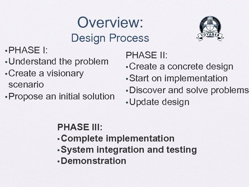 Overview: Design Process • PHASE I: • Understand the problem • Create a visionary