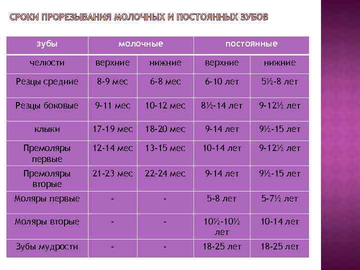зубы молочные постоянные челюсти верхние нижние Резцы средние 8 -9 мес 6 -8 мес