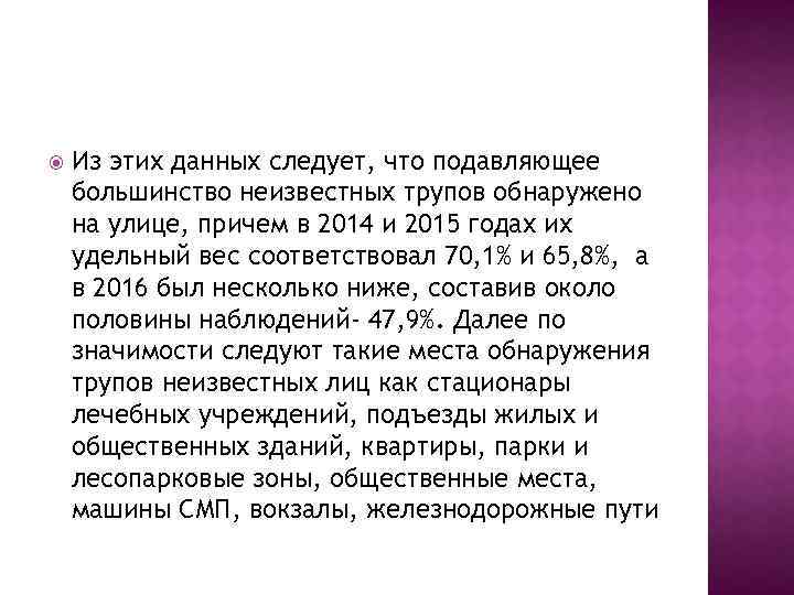  Из этих данных следует, что подавляющее большинство неизвестных трупов обнаружено на улице, причем