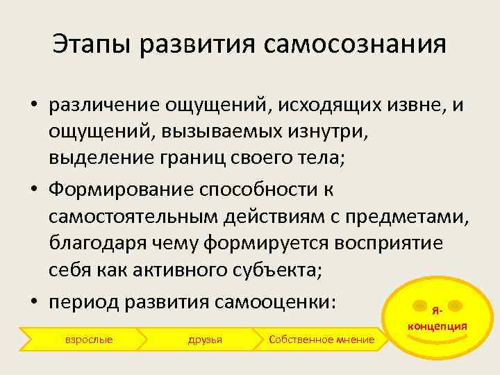 Этапы развития самосознания • различение ощущений, исходящих извне, и ощущений, вызываемых изнутри, выделение границ