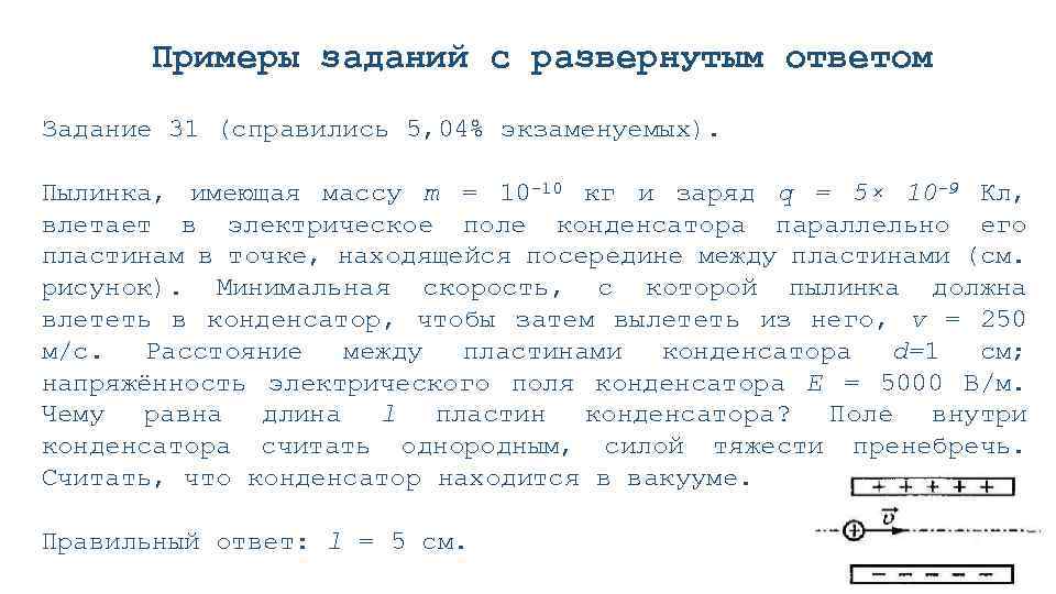 Примеры заданий с развернутым ответом Задание 31 (справились 5, 04% экзаменуемых). Пылинка, имеющая массу