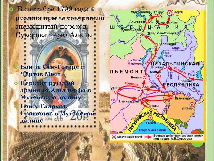  В сентябре 1799 года русская армия совершила знаменитый переход Суворова через Альпы Бои