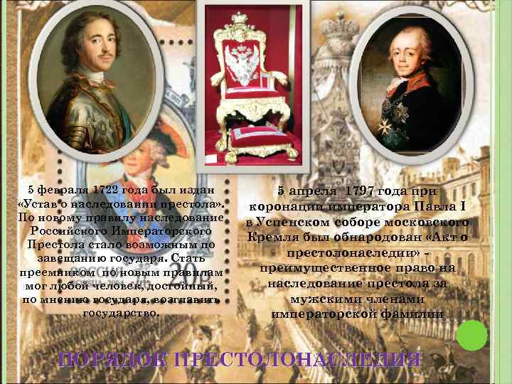 5 февраля 1722 года был издан «Устав о наследовании престола» . По новому правилу