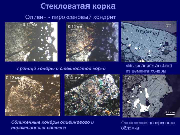 Стекловатая корка Оливин - пироксеновый хондрит Граница хондры и стекловатой корки Сближенные хондры оливинового