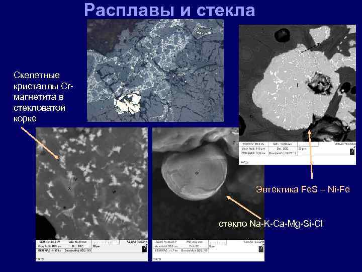 Расплавы и стекла Скелетные кристаллы Crмагнетита в стекловатой корке Эвтектика Fe. S – Ni-Fe